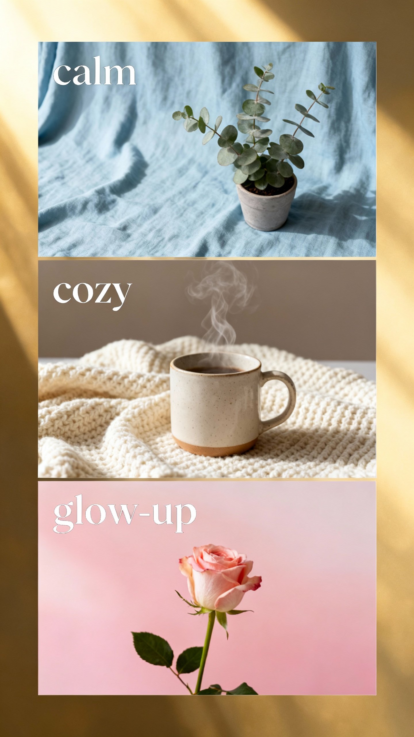 minimalist vision board with calm, cozy, glow-up sections