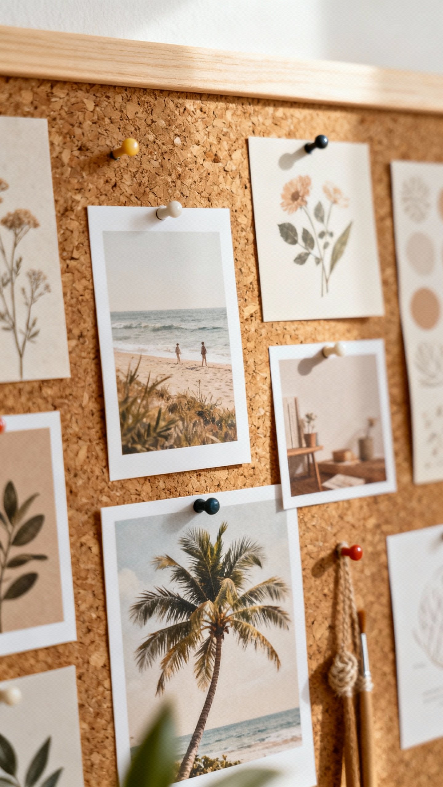 Vision board with themed sections on cork board
