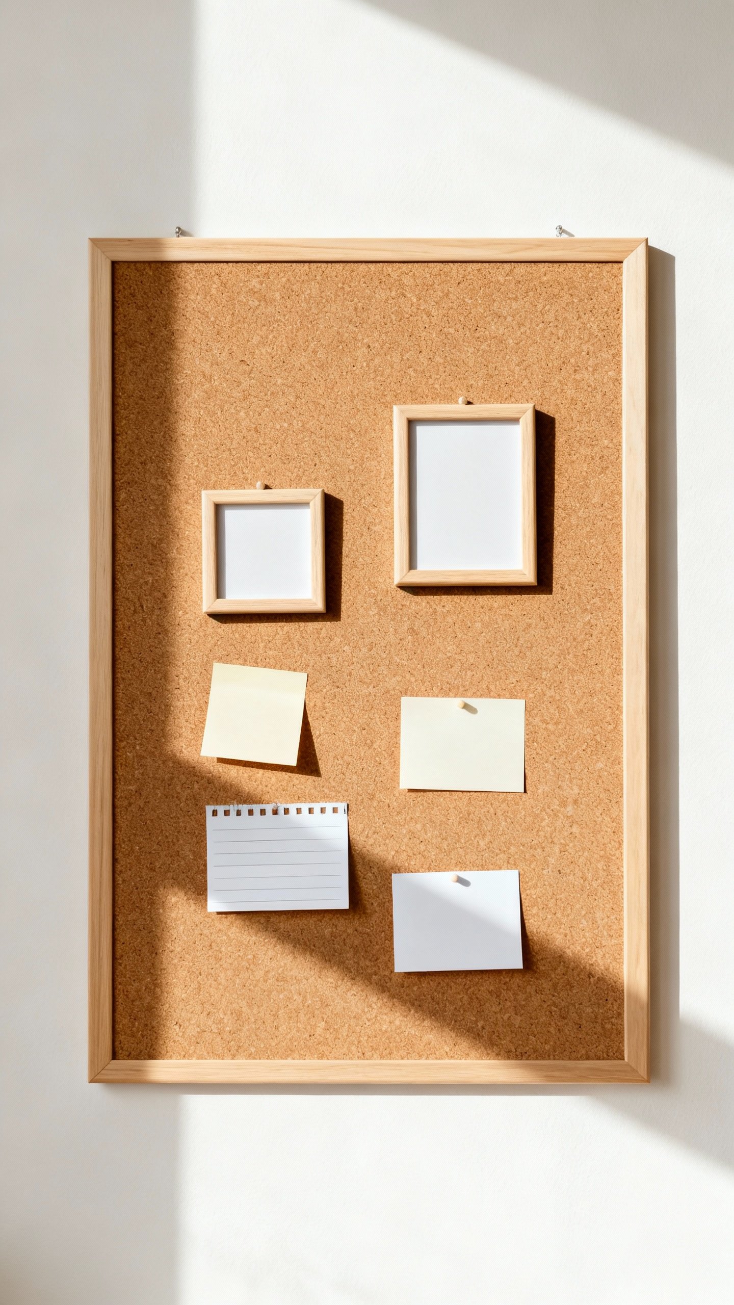 minimalist vision board with goals on corkboard, soft daylight