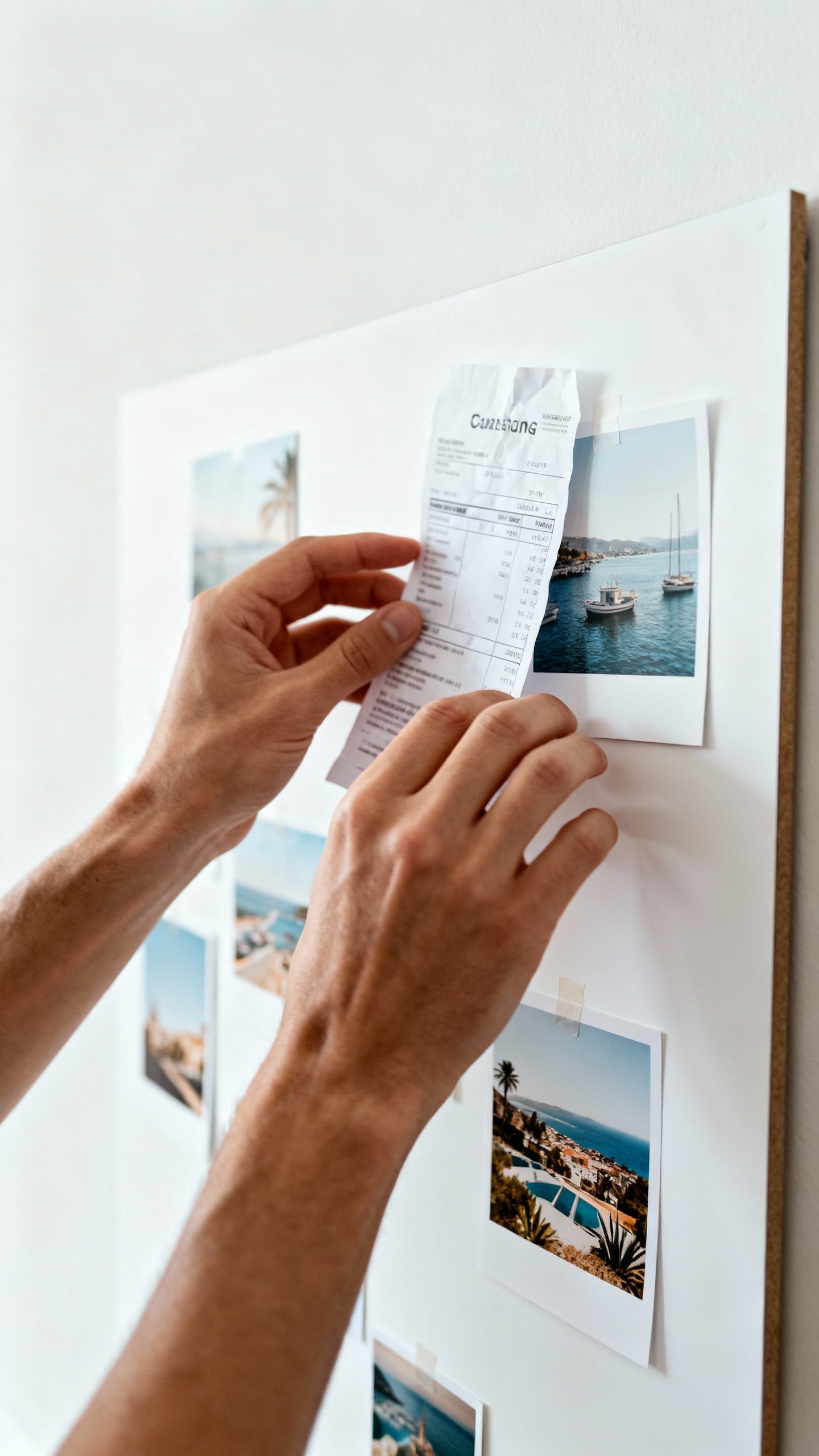 hands placing savings and travel photos on white poster board