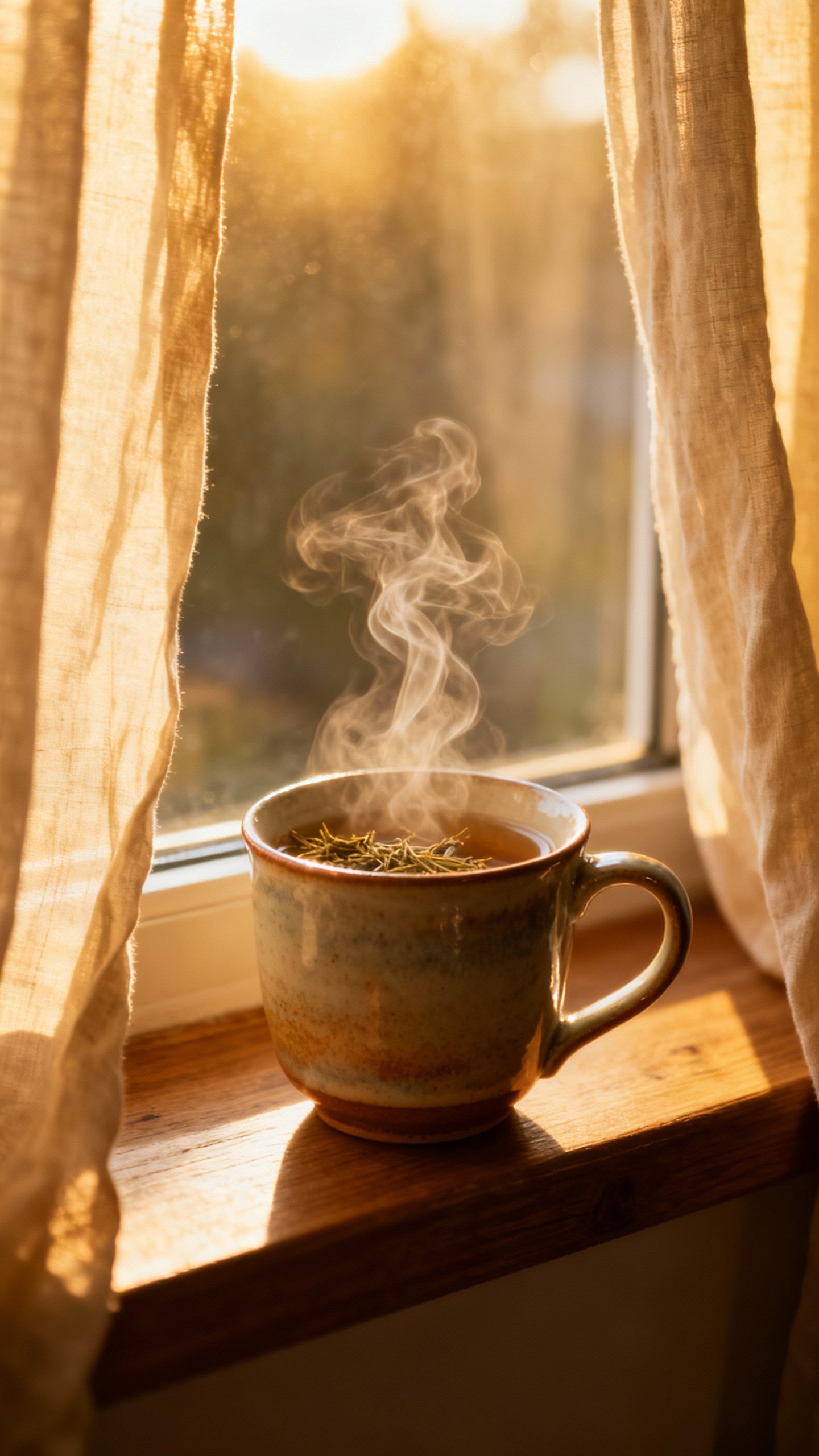 Steaming herbal tea by sunlit window, linen curtains