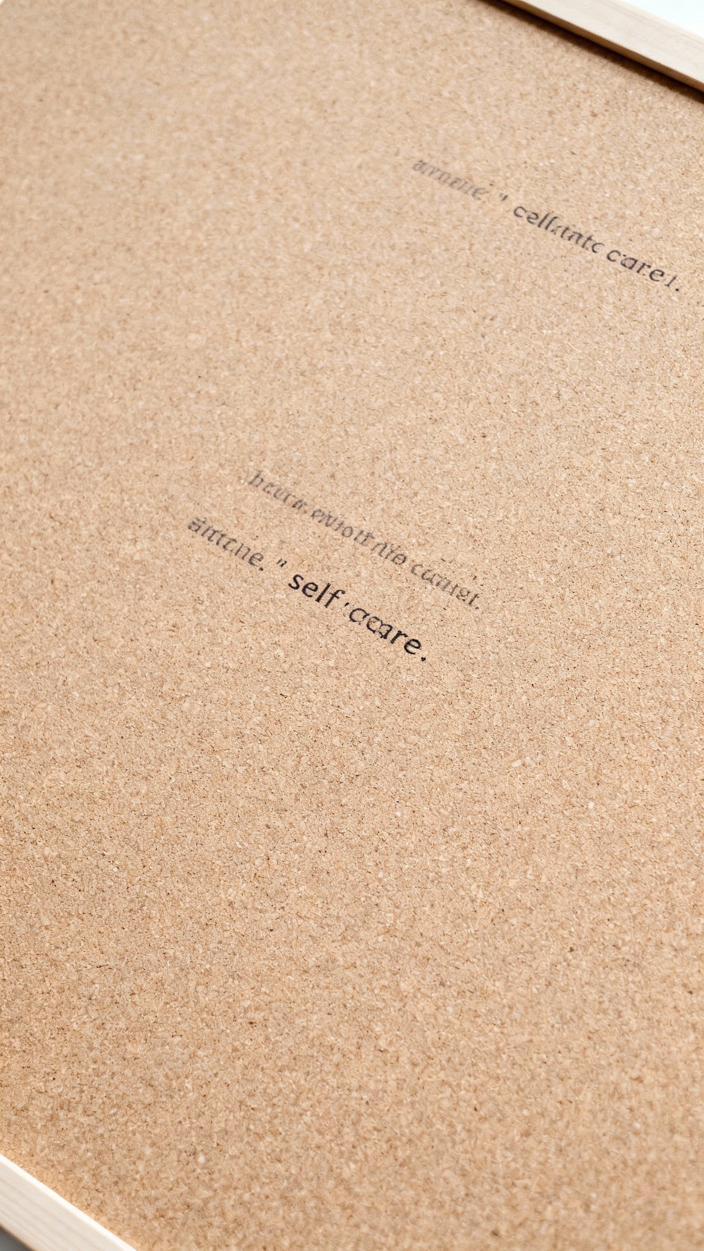 minimalist vision board with self-care quotes on corkboard