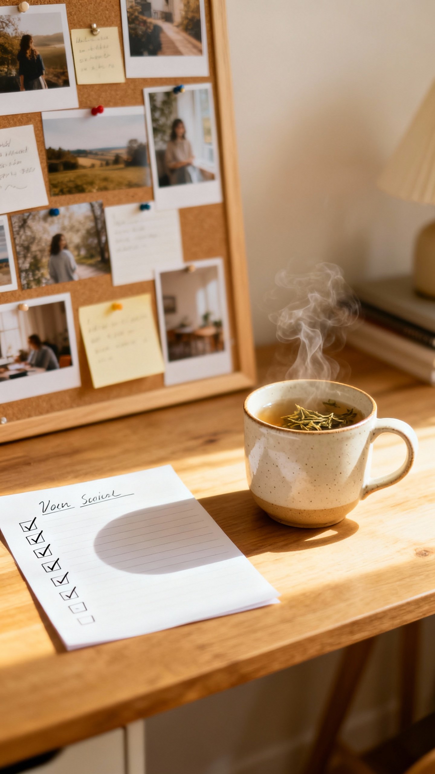 morning desk scene with herbal tea, checklist, and vision board