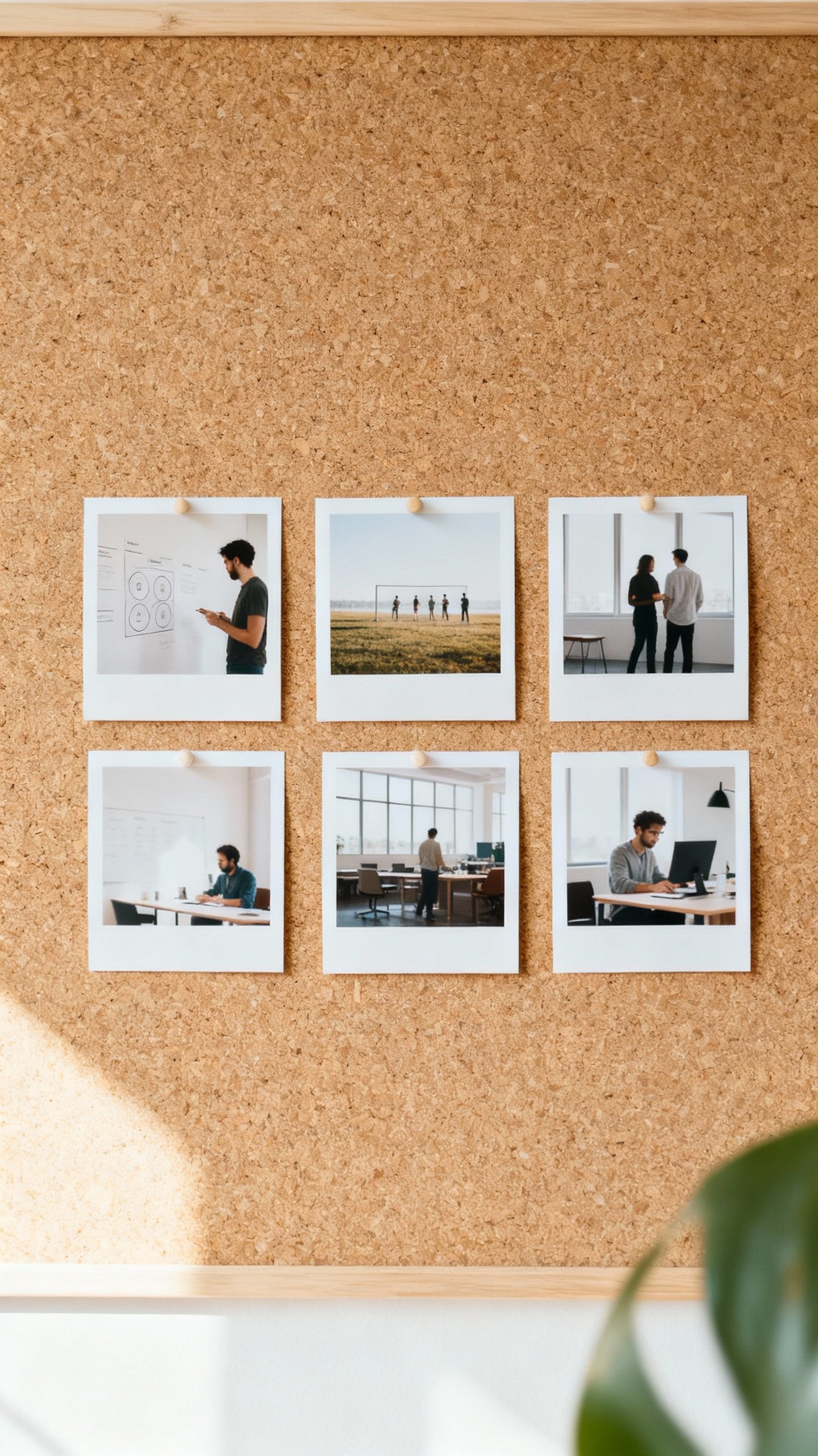 minimalist vision board on corkboard with goal photos, soft daylight