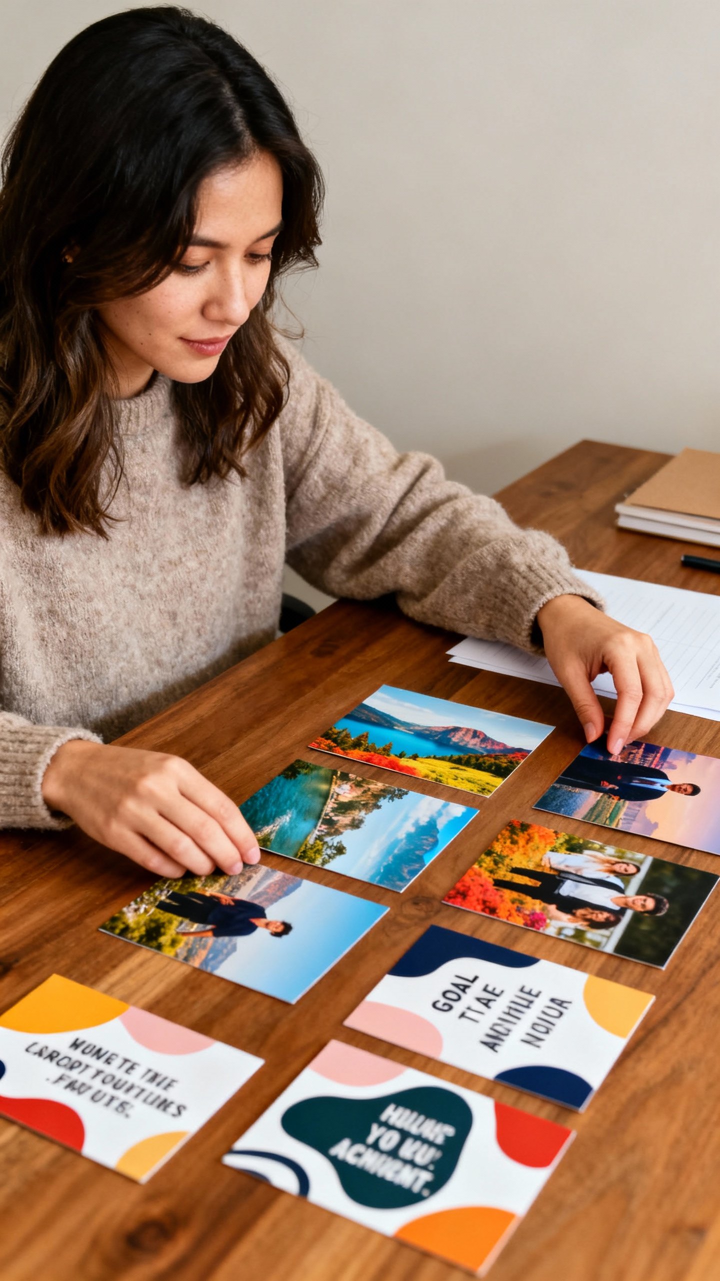 woman arranging goal images on desk, motivational quote cards