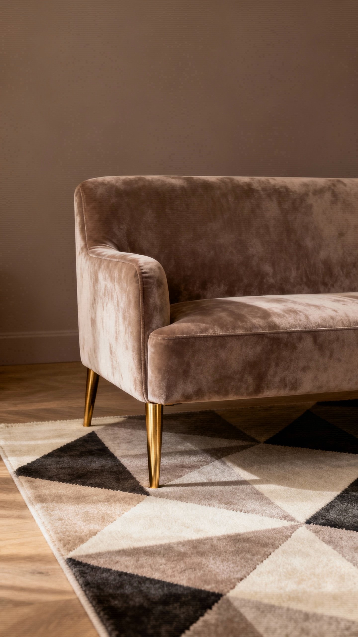 velvet sofa with brass legs, geometric rug, matte walls