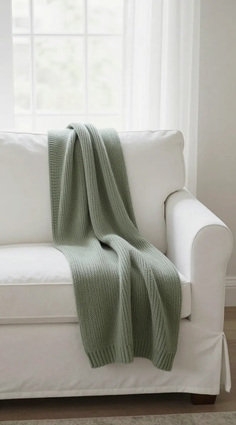 white slipcovered sofa with sage knit throw, soft window light