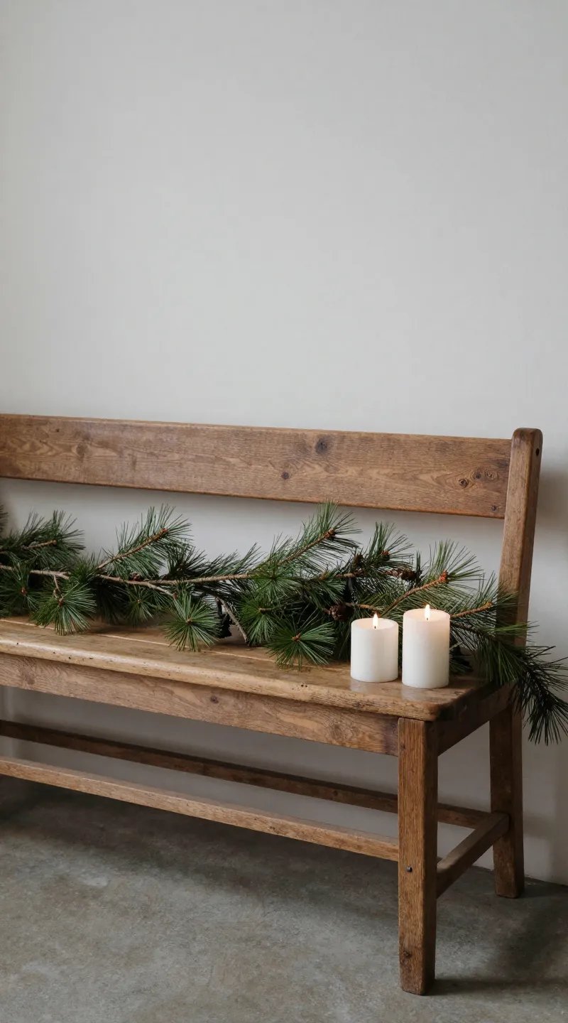 antique wooden bench with pine boughs and white candles