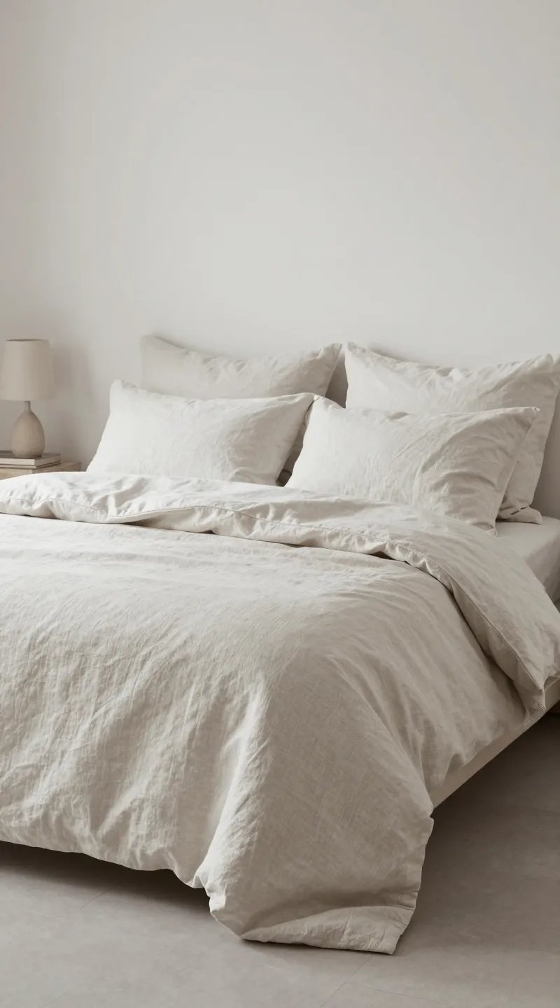 Scandinavian hygge bedroom with plush linen bedding