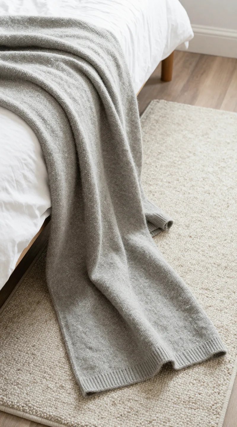 Cozy wool throw on cushy rug beside bed