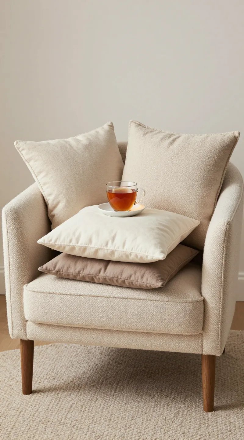 Sipping tea on boucle chair, layered pillows, rug