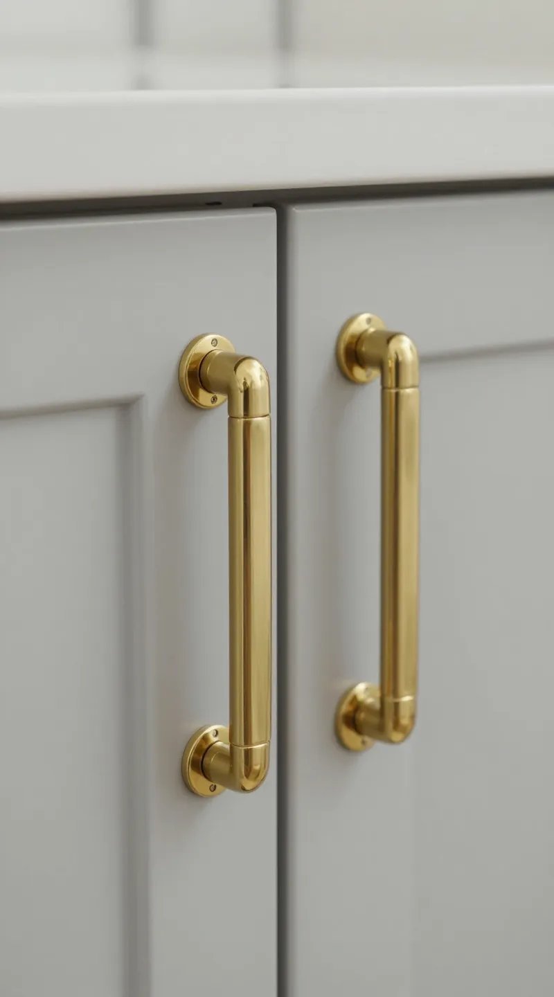 Close-up unlacquered brass hardware on navy island, soft gray cabinets