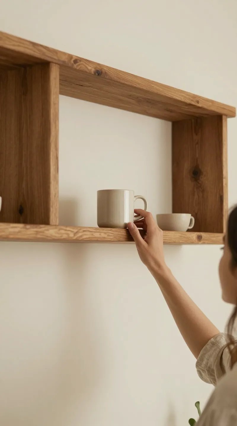 Rustic wood open shelves, creamy white backsplash, woman reaching mug
