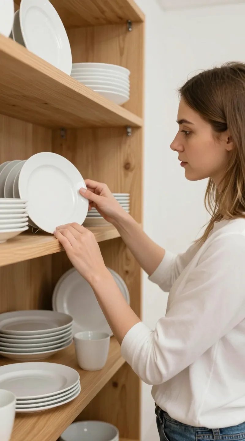 Caucasian young woman arranging white plates on open wood shelves