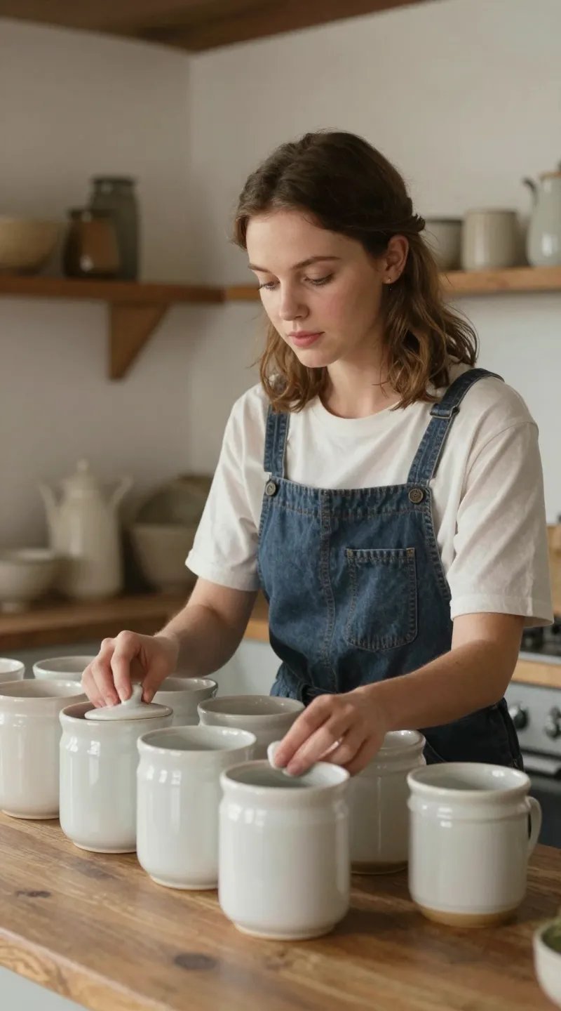 Caucasian young woman labeling ceramic canisters on farmhouse counter
