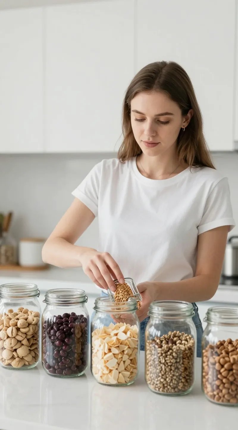 Caucasian young woman filling clear jars with pantry staples, white kitchen