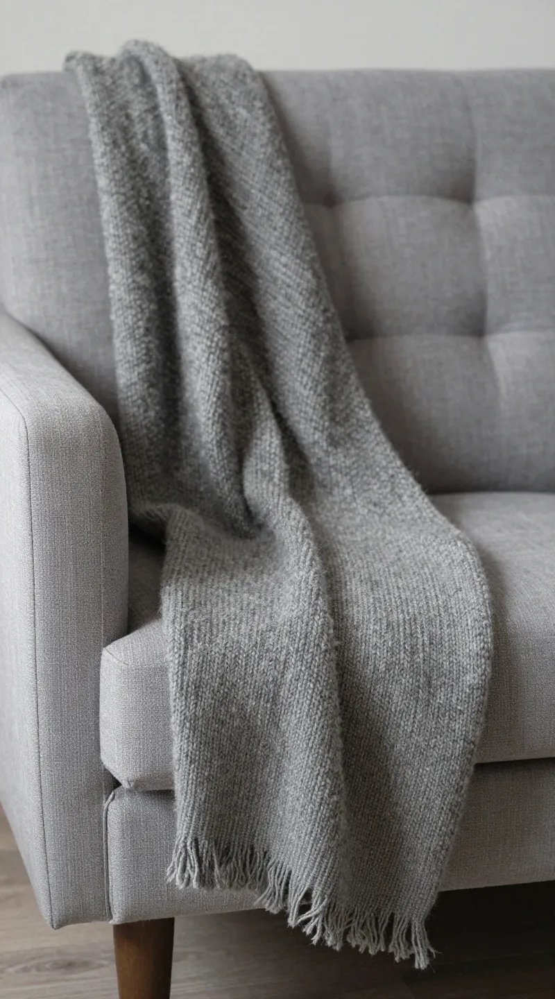 Wool throw on tufted armchair by space heater