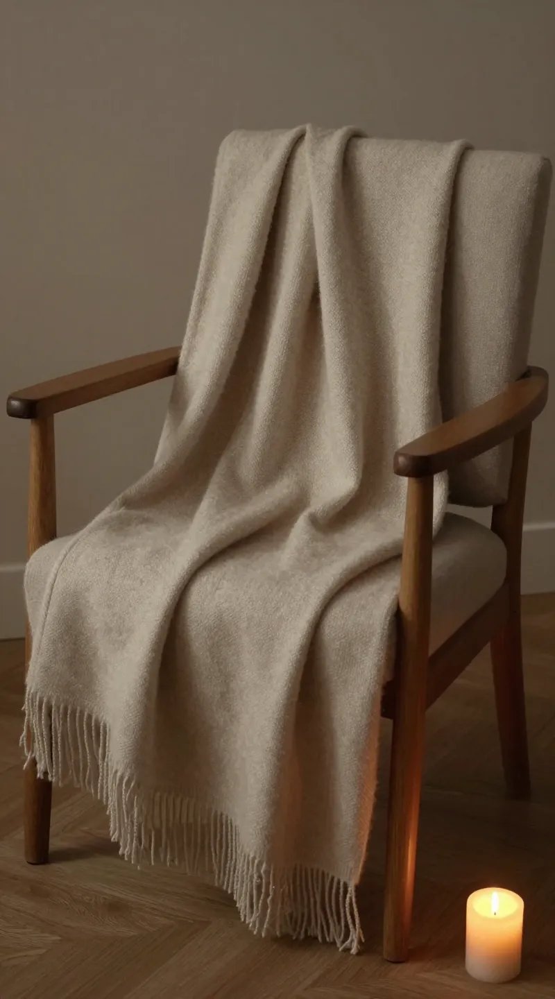 wool throw, wood armchair, candlelight glow