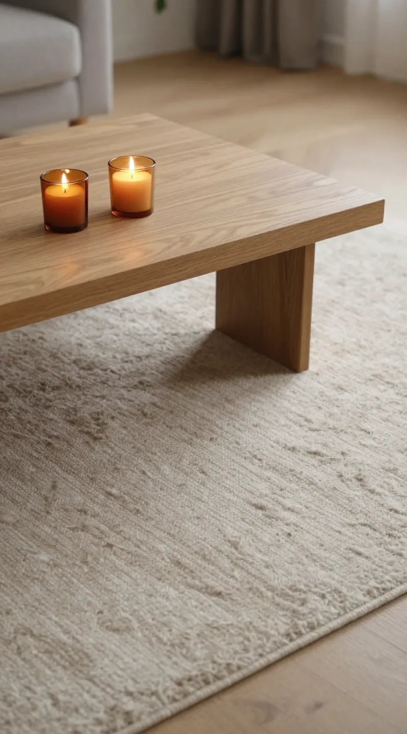 wool rug, oak coffee table, amber candles