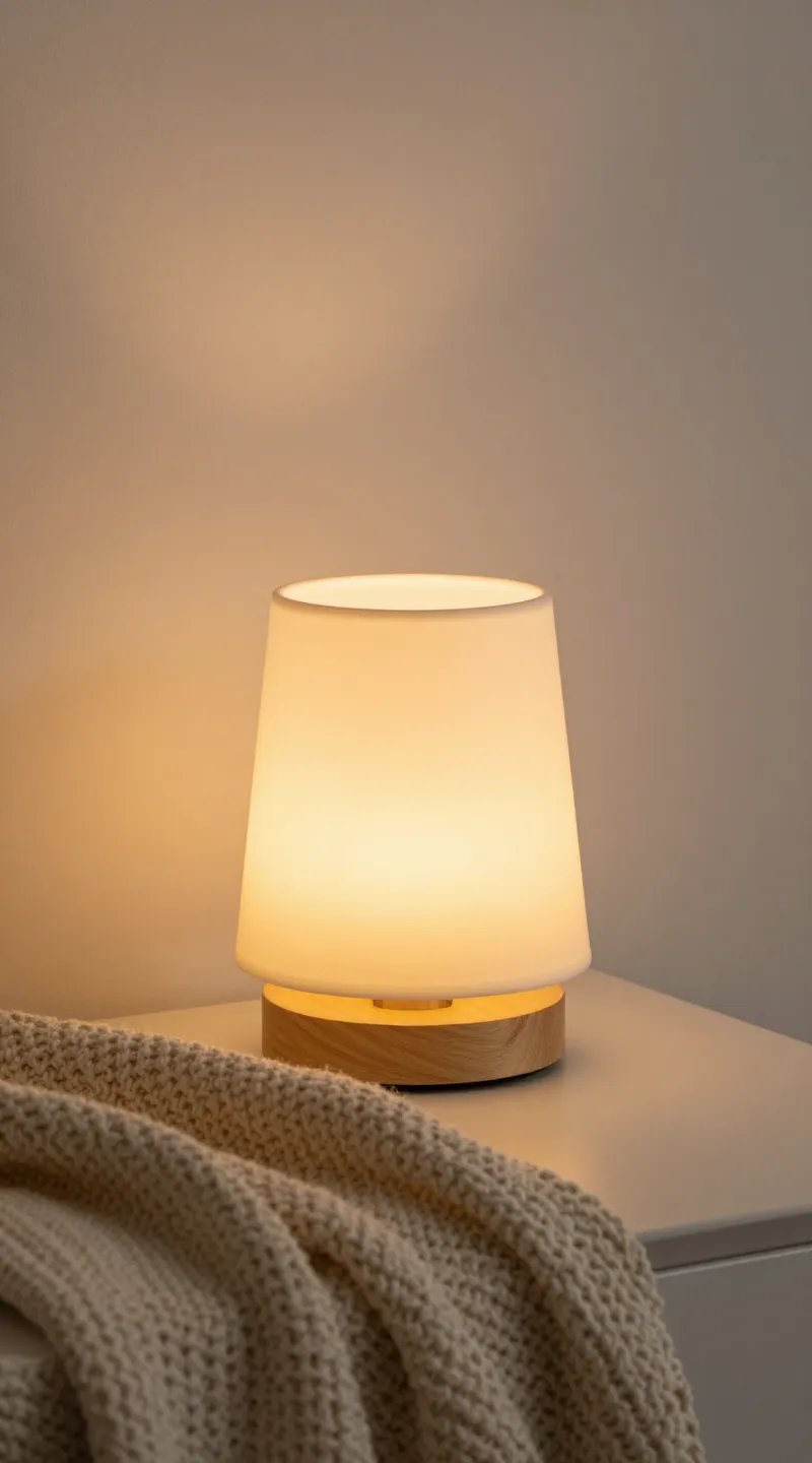 warm 2700K table lamp beside knit throw blanket