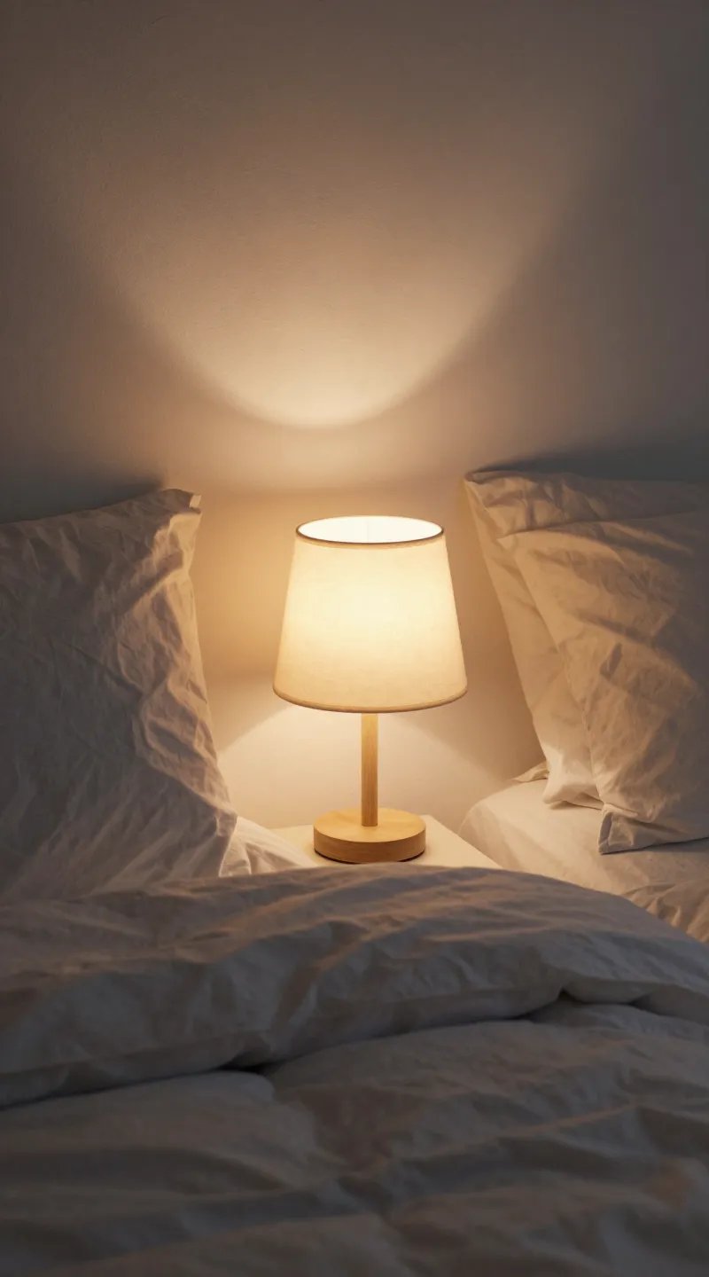 warm bedside lamp illuminating layered winter bedding