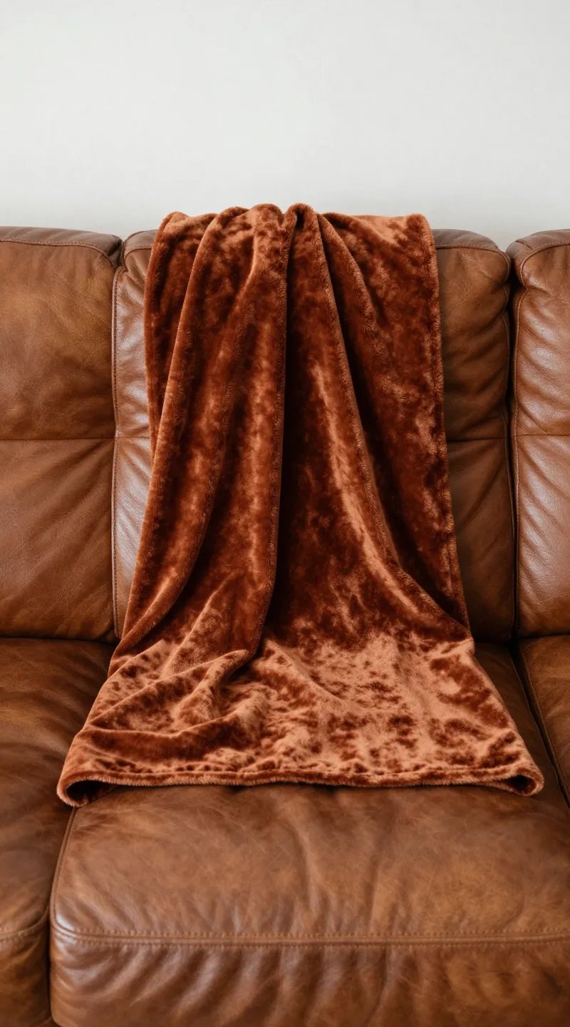 rust velvet throw on vintage leather sofa