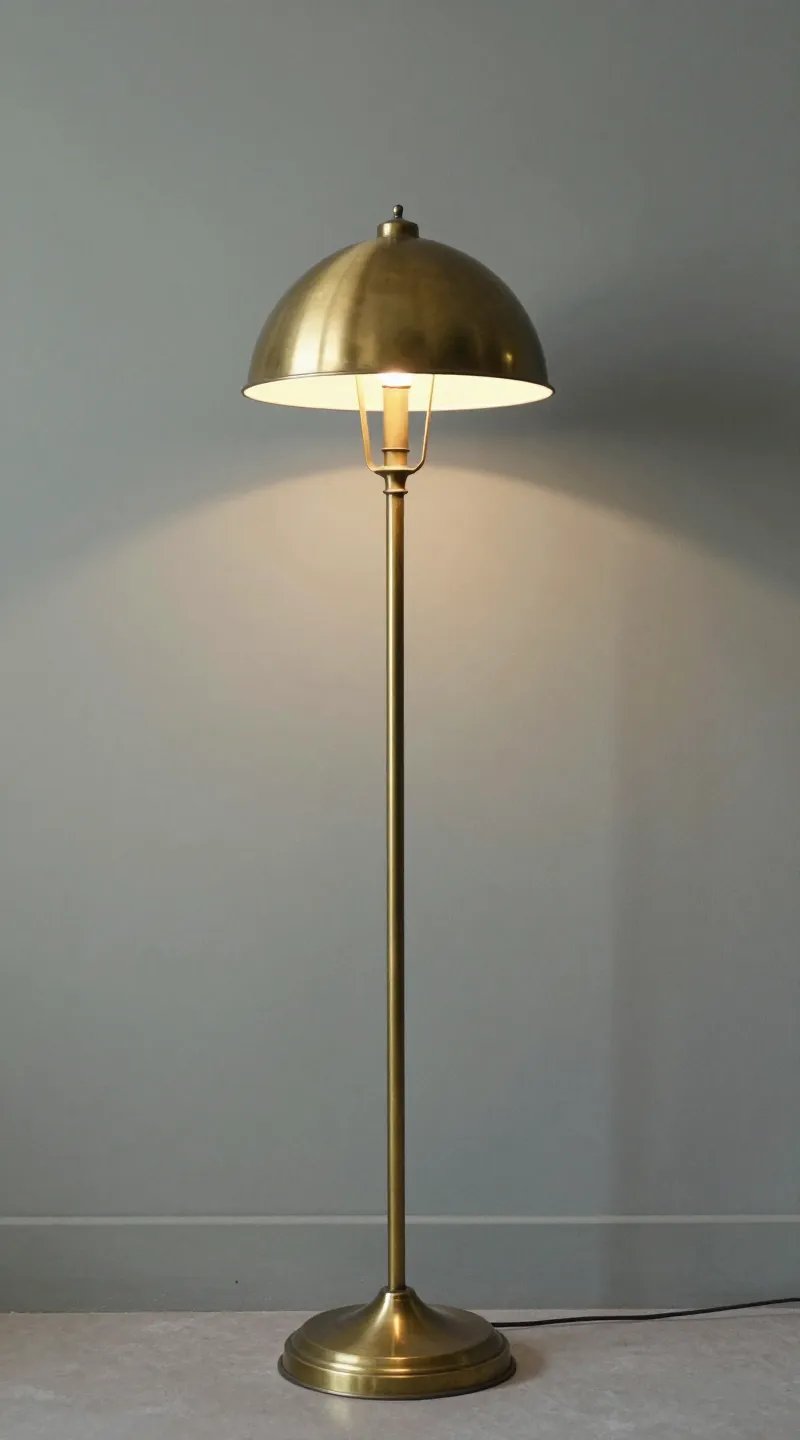 antique brass floor lamp beside muted sage wall