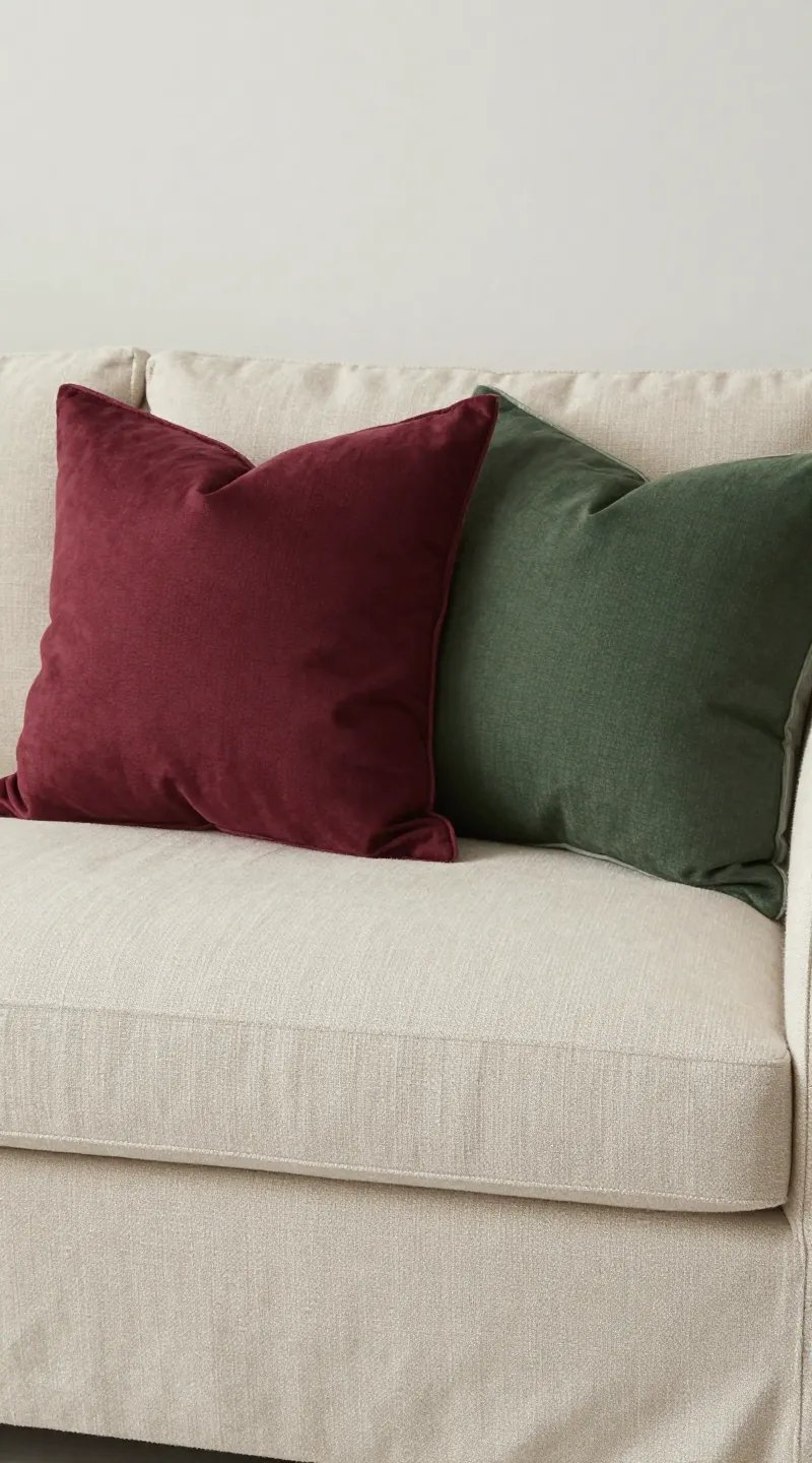 plum and forest pillows on beige linen couch