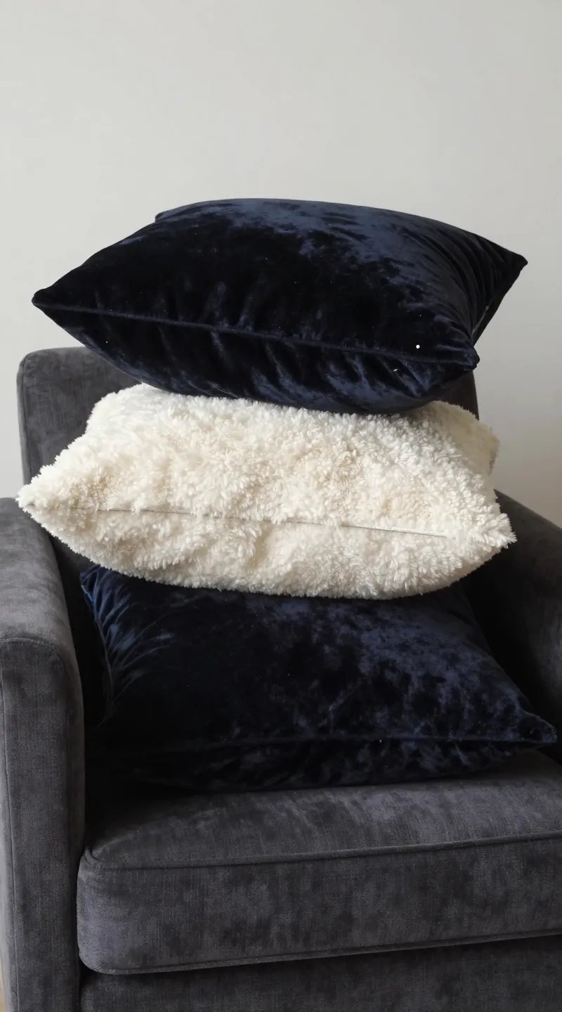 Velvet and sherpa pillows stacked on armchair