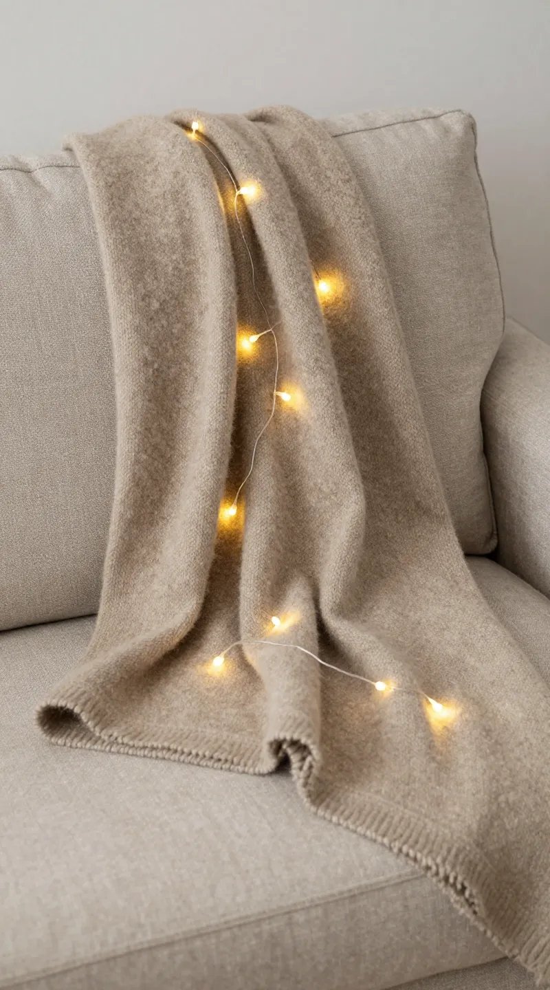 taupe wool throw on linen sofa, twinkle lights glowing