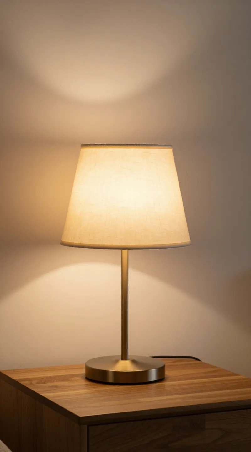 warm table lamp with 2700K bulb on wooden side table