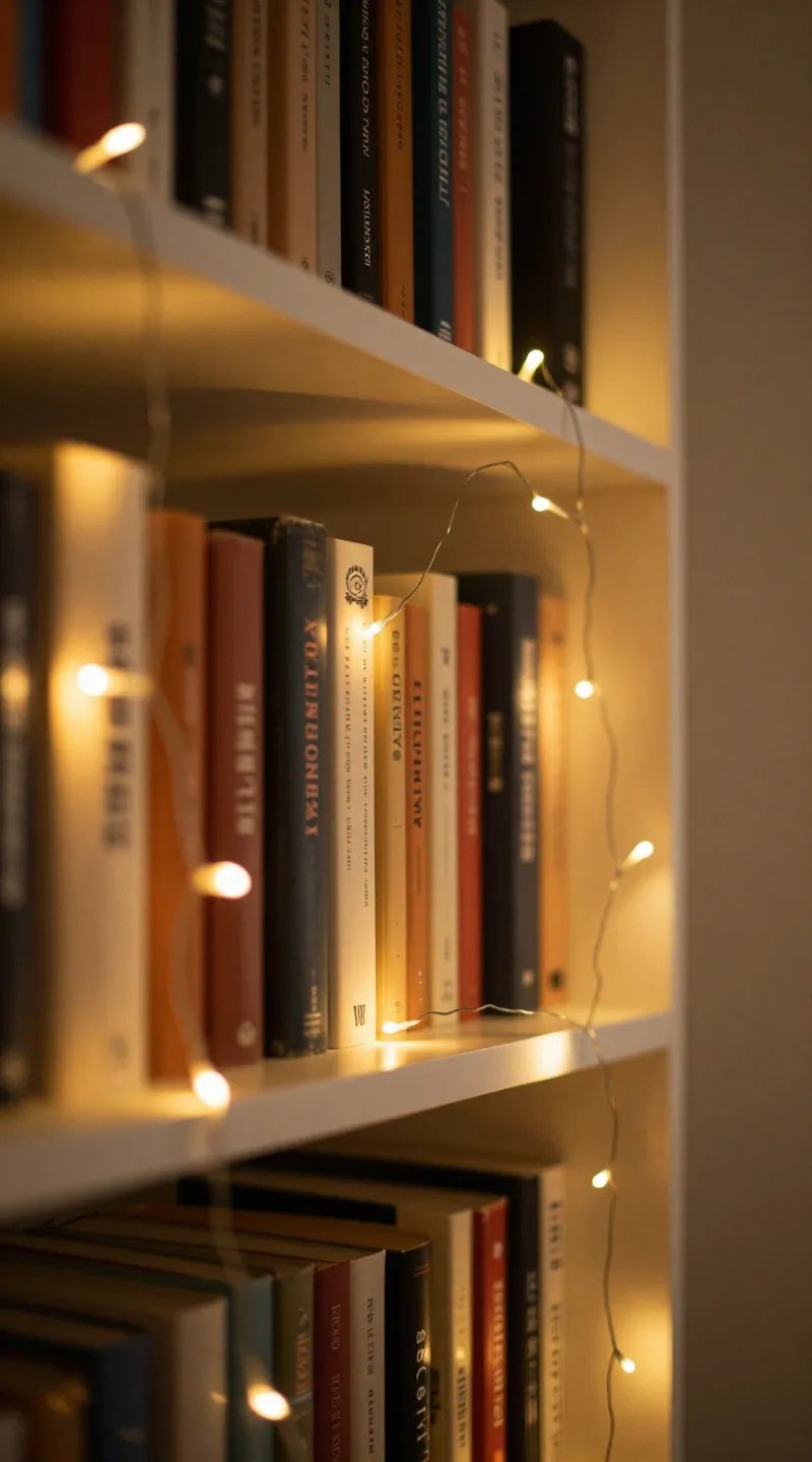 fairy lights draped along bookshelf, soft golden glow