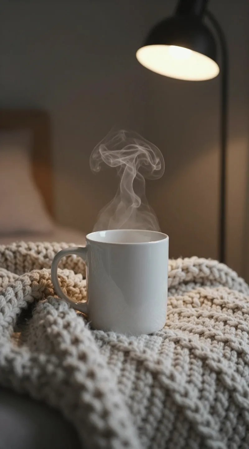 steaming oversized mug on chunky knit blanket near dim floor lamp