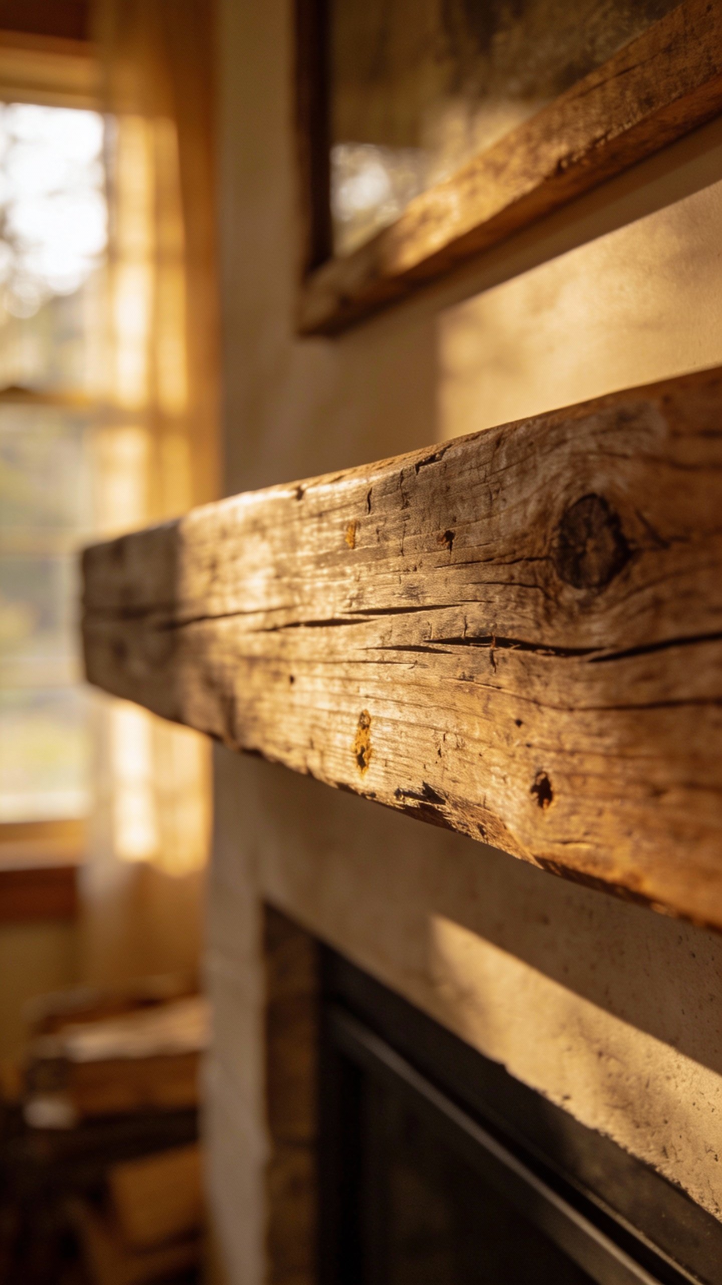 Reclaimed wood mantel with visible grain, soft window light