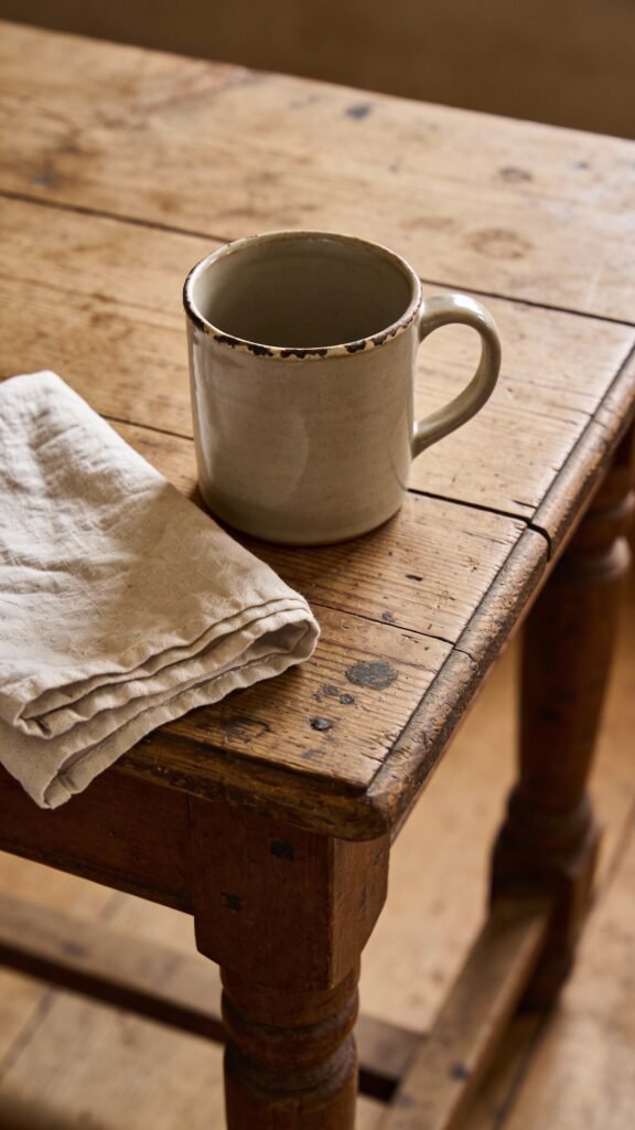 Antique farm table with scuffs, ceramic mug and linen