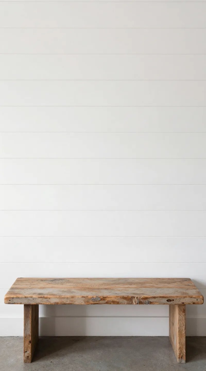 creamy white shiplap wall with reclaimed wood bench