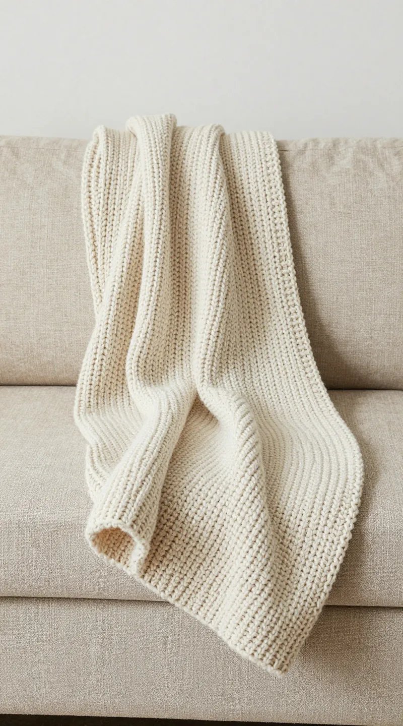 chunky knit throw on beige linen sofa