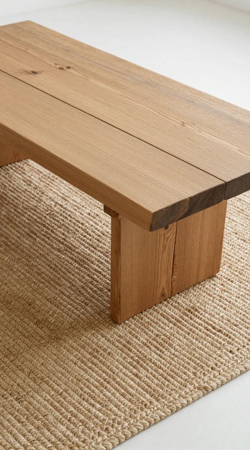 woven jute rug under reclaimed wood coffee table