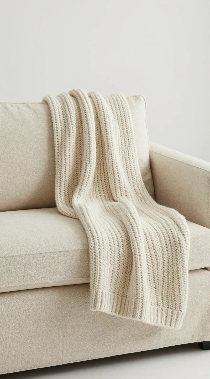 Creamy beige linen sofa with chunky knit throw