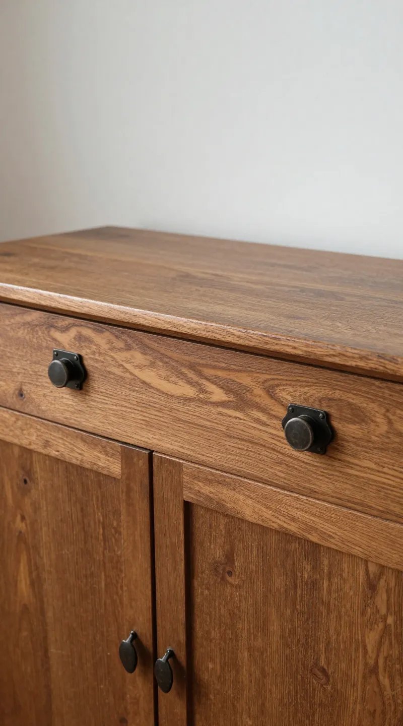 Vintage wood console with black metal hardware