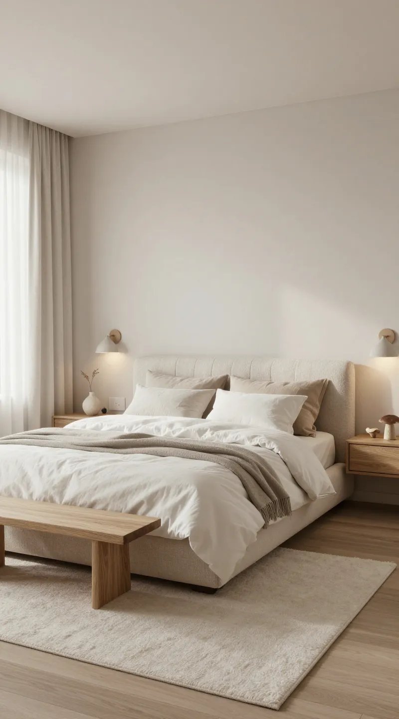 Photorealistic bedroom in cloud-soft Scandinavian minimalism with quiet luxury layers: a serene, sunlit space with warm whites, bone, and greige walls and textiles, subtle putty and mushroom accents for depth, and natural oak and ash wood tones throughout. Center a low-profile upholstered platform bed in textured bouclé or linen in bone, dressed in a lofty down-alternative duvet with a soft white percale or washed sateen cover, lightly rumpled for lived-in coziness. Layer a greige cashmere throw and two putty linen euro shams. Flank the bed with two floating oak nightstands with soft, rounded edges, each holding a petite alabaster or linen-shaded sconce in warm 2700K light. Floor in pale ash wood with a plush, cloudlike off-white wool rug extending beyond the bed. Add a minimalist oak bench at the foot, a slim ash wardrobe with integrated pulls, and gauzy off-white linen curtains filtering diffuse morning light. Include a small ceramic vase with a single dried stem, a stoneware catchall, and a low, muted abstract artwork in mushroom tones. No visible clutter; hidden outlets and cord management. Camera at eye level, wide angle, natural daylight, soft contrast, tactile textures emphasized, ultra-realistic interior photography, editorial styling, cozy hygge mood, everything whisper-quiet and refined.
