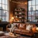 A realistic, high-resolution interior photograph of an open-plan urban loft styled as an “urban cabin.” Space features an exposed brick accent wall (or convincing peel-and-stick brick) and visible steel beams/ducts. Centered is a worn, cognac leather sofa with natural patina, layered with chunky knit throws and soft wool pillows. On the floor: a richly patterned wool kilim rug in warm, earthy tones, flanked by oversized floor cushions for casual lounging. Along one wall, black metal shelving units with thick reclaimed wood planks display books, pottery, and small plants. Edison bulb string lights are draped casually over a dark steel beam, casting a warm, amber glow; additional warm table lamps and a low industrial floor lamp add to the toasty lighting. Coffee table is simple wood and metal, with candles and a ceramic mug steaming. Large factory windows with black mullions show a twilight city skyline; soft, gauzy curtains partially drawn. Materials mix: brick, steel, leather, wool, wood. Palette: rust, charcoal, cream, deep brown, and muted terracotta. Composition is inviting, slightly moody, and realistic, with shallow morning-to-evening ambient light emphasizing texture and warmth. Photorealistic, editorial quality, 35mm lens feel, sharp details, natural grain.