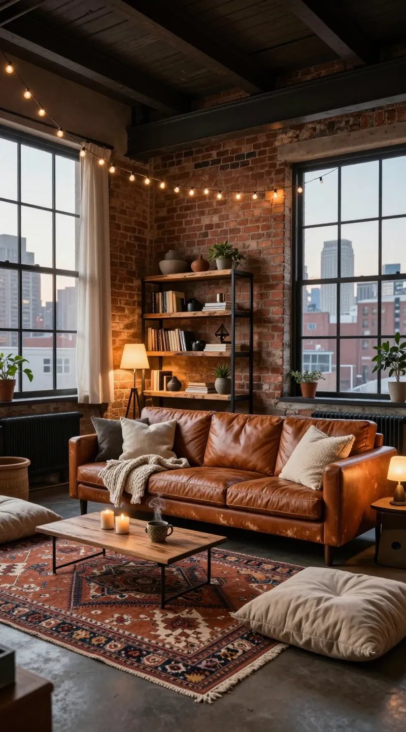 A realistic, high-resolution interior photograph of an open-plan urban loft styled as an “urban cabin.” Space features an exposed brick accent wall (or convincing peel-and-stick brick) and visible steel beams/ducts. Centered is a worn, cognac leather sofa with natural patina, layered with chunky knit throws and soft wool pillows. On the floor: a richly patterned wool kilim rug in warm, earthy tones, flanked by oversized floor cushions for casual lounging. Along one wall, black metal shelving units with thick reclaimed wood planks display books, pottery, and small plants. Edison bulb string lights are draped casually over a dark steel beam, casting a warm, amber glow; additional warm table lamps and a low industrial floor lamp add to the toasty lighting. Coffee table is simple wood and metal, with candles and a ceramic mug steaming. Large factory windows with black mullions show a twilight city skyline; soft, gauzy curtains partially drawn. Materials mix: brick, steel, leather, wool, wood. Palette: rust, charcoal, cream, deep brown, and muted terracotta. Composition is inviting, slightly moody, and realistic, with shallow morning-to-evening ambient light emphasizing texture and warmth. Photorealistic, editorial quality, 35mm lens feel, sharp details, natural grain.