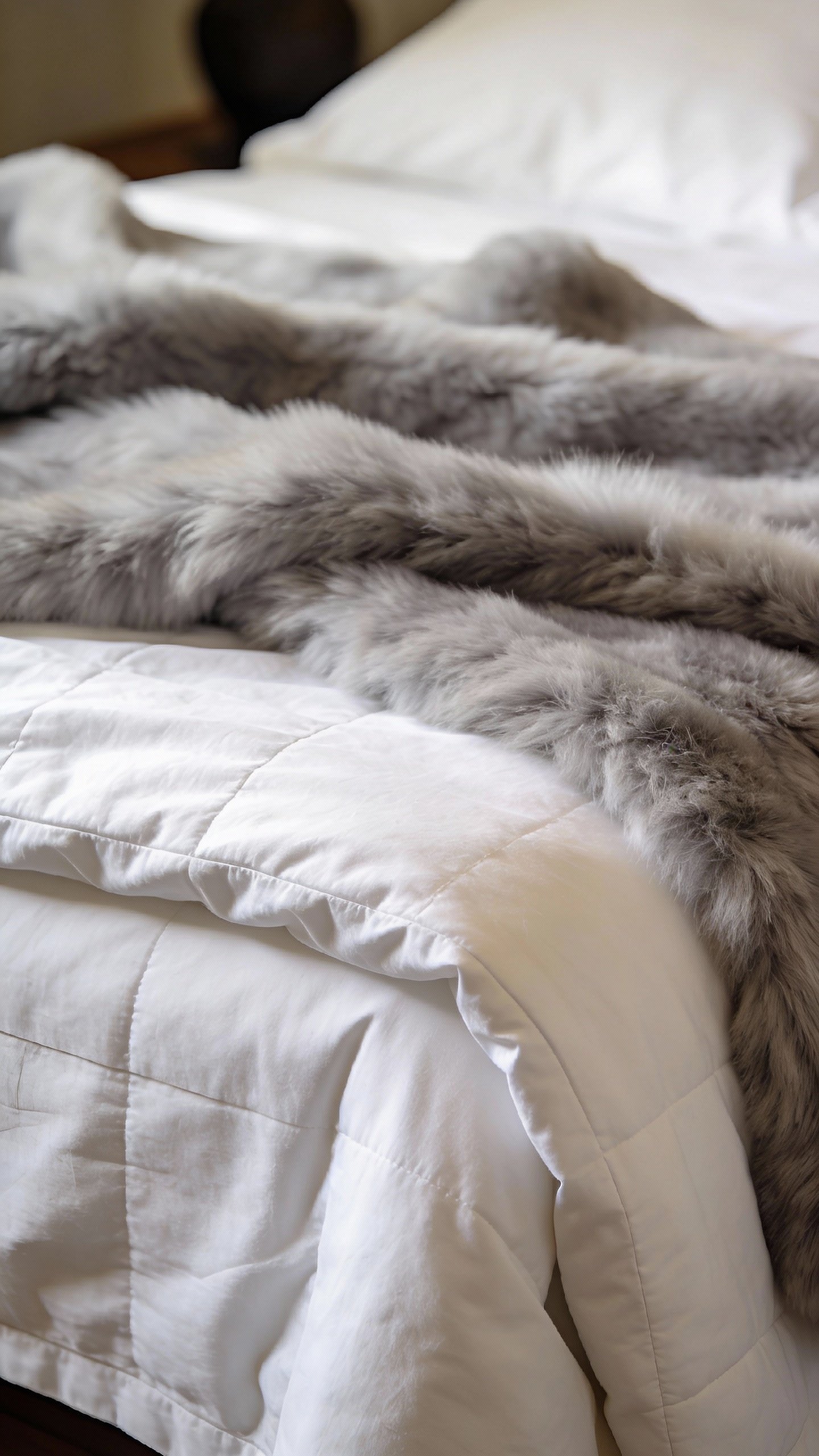**Layered bedding with cotton sheets and faux fur throw**
