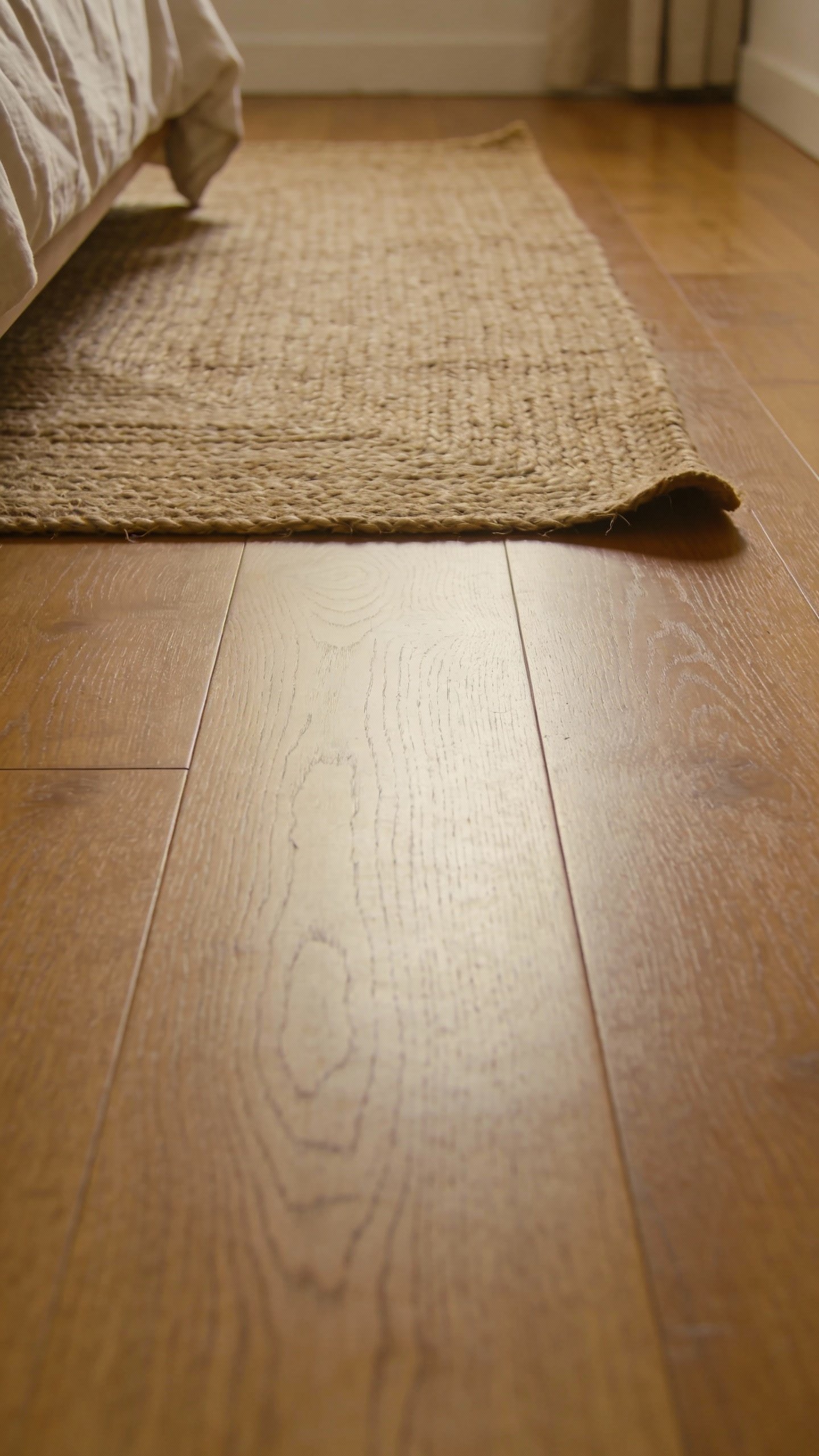 **Jute rug layered over hardwood bedroom floor**