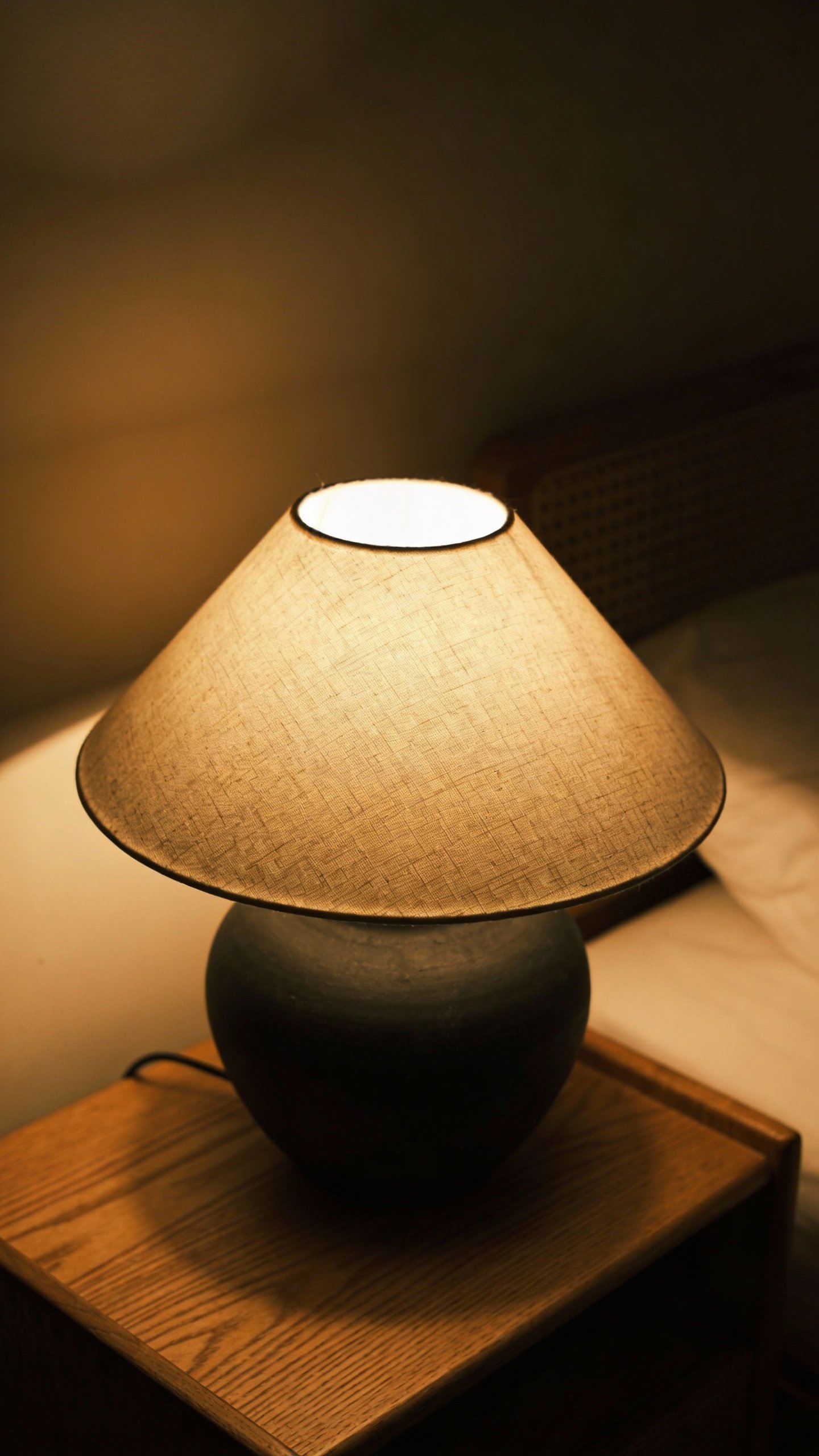 **Muted lighting with bedside table lamp on wood nightstand**