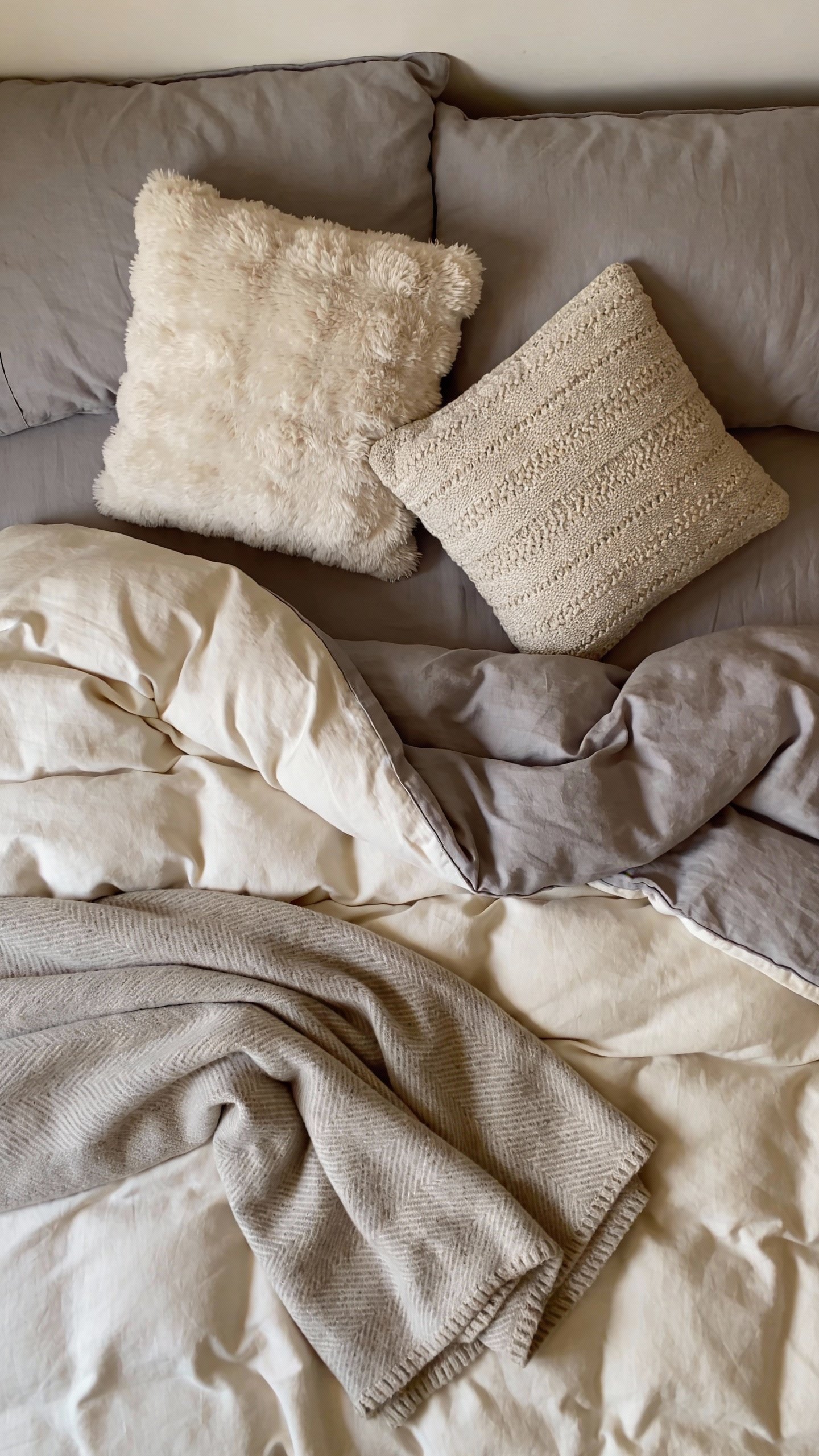 **Plush layered bedding in neutral tones**