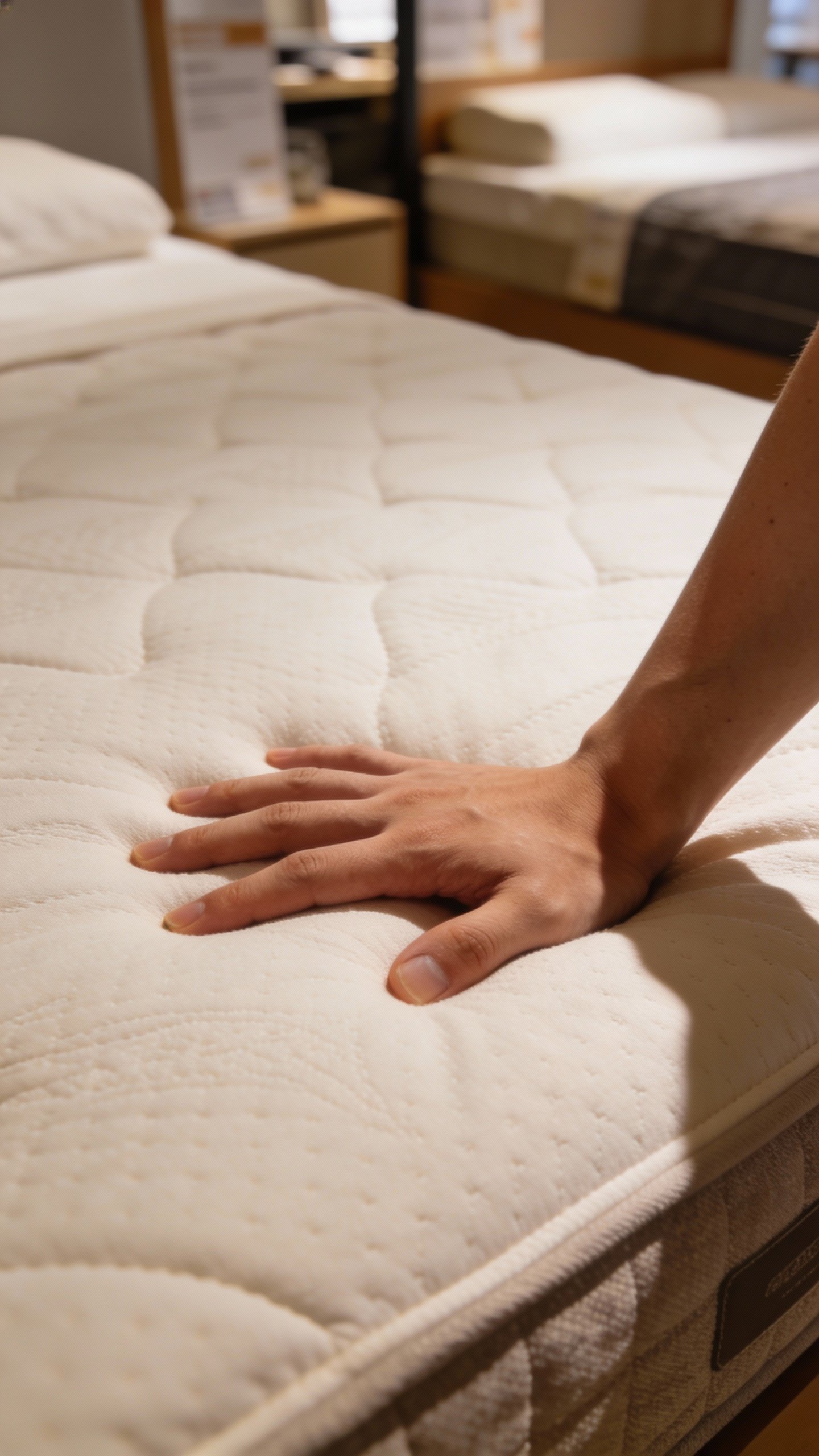 **Hand testing mattress firmness in showroom**