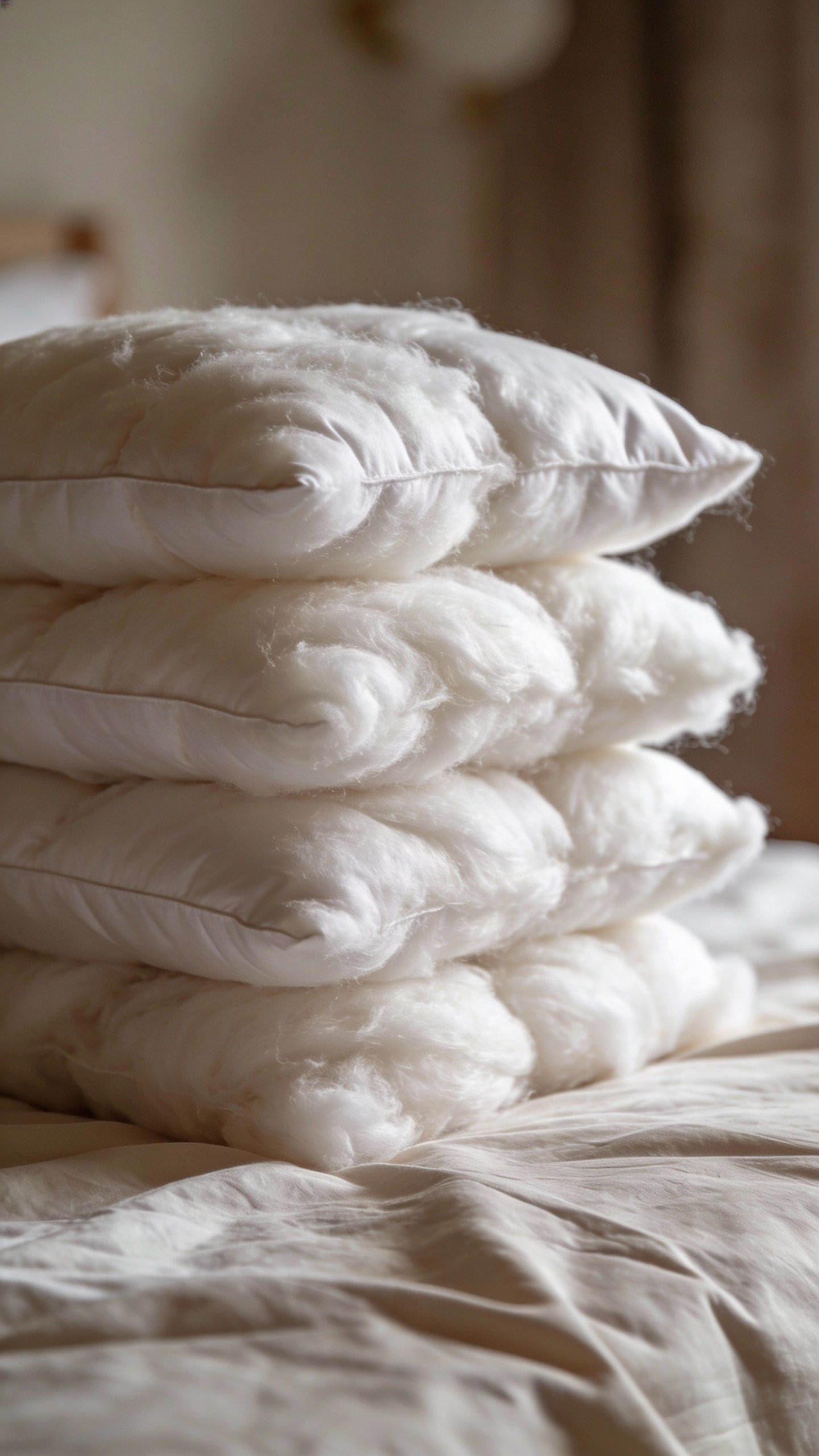 **Fluffy down pillows stacked neatly on bed**