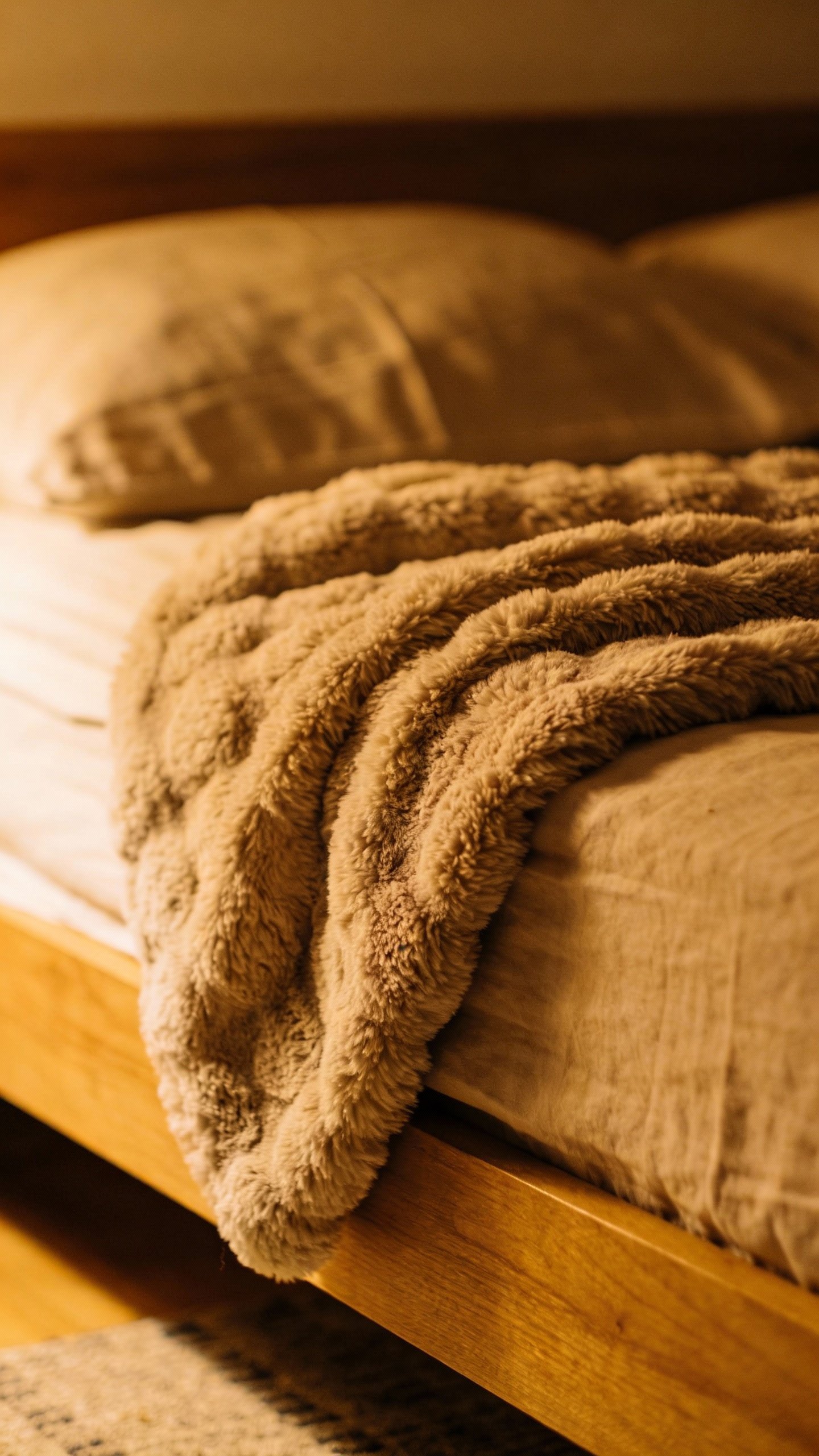 **Cozy throw blanket draped over foot of bed**